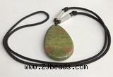 NGP5623 Unakite flat teardrop pendant with nylon cord necklace