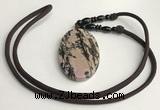 NGP5624 Rhodonite oval pendant with nylon cord necklace