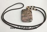 NGP5625 Rhodonite rectangle pendant with nylon cord necklace