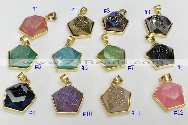 NGP9604 20*20mm faceted pentagon plated druzy agate pendants