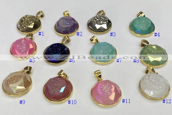 NGP9612 20mm faceted coin plated druzy agate pendants