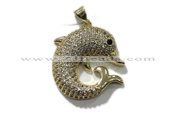 Pend162 23mm copper dolphin pendant pave zirconia gold plated