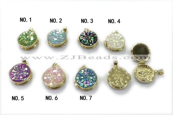Pend264 18mm copper circle pendant pave abalone shell gold plated